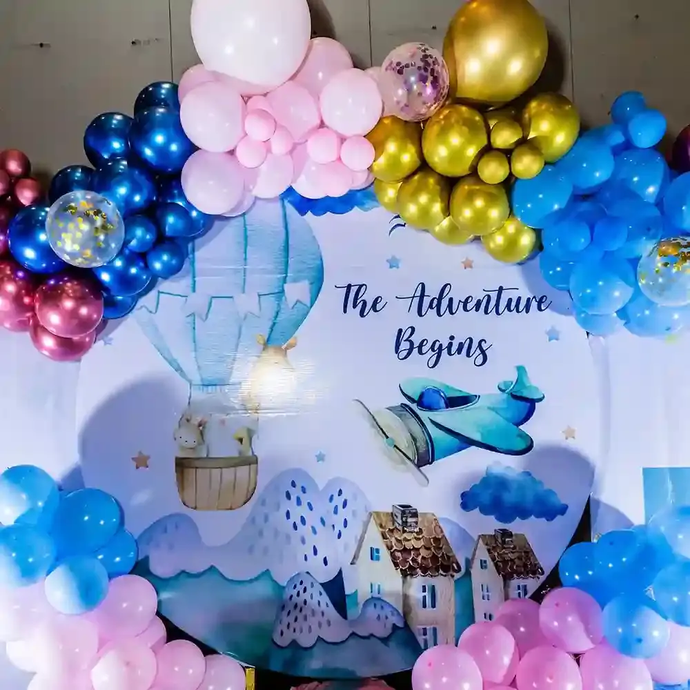 Adventure awaits baby shower balloon arch decor